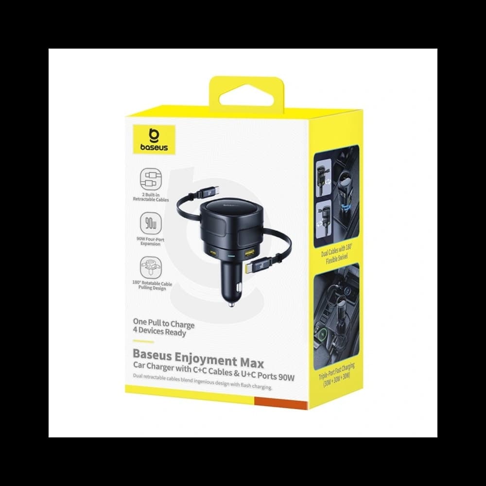 Baseus Enjoyment Max Autós Töltő USB-A, USB-C 2xUSB-C Kábellel 90W Fekete - 7
