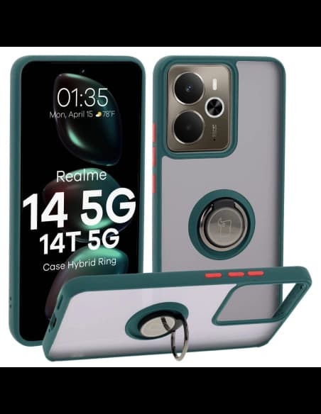 Bizon Case Hybrid Ring Realme 14 5G / 14T 5G rauchig mit einem dunkelgrünen Rahmen