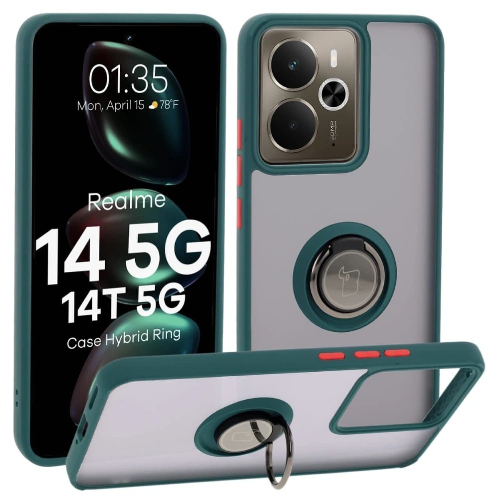 Bizon Case Hybrid Ring Realme 14 5G / 14T 5G rauchig mit einem dunkelgrünen Rahmen