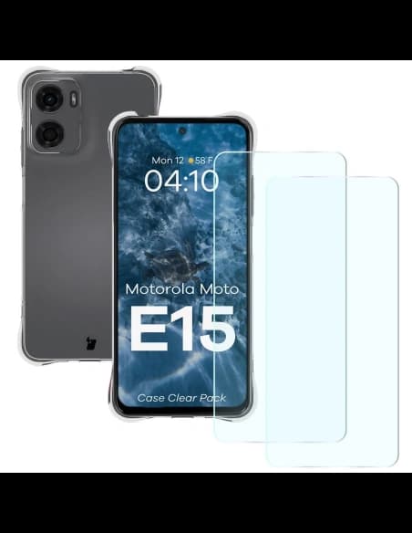 Carcasă Bizon Case Clear Pack + 2x sticlă de protecție pentru Motorola Moto E15