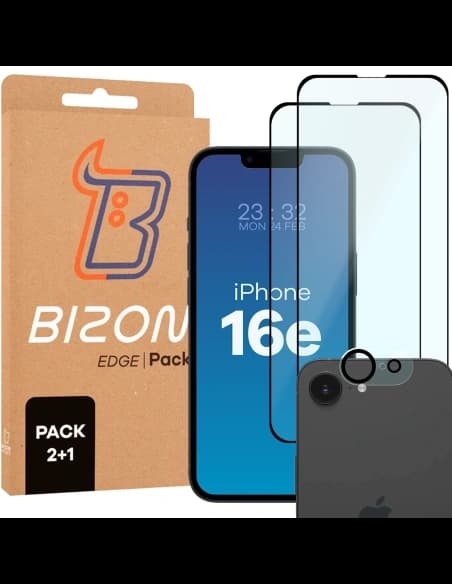 Bizon Edge 2 Pack 2x gehärtetes Glas + 1x Linsenschutz für Apple iPhone 16e