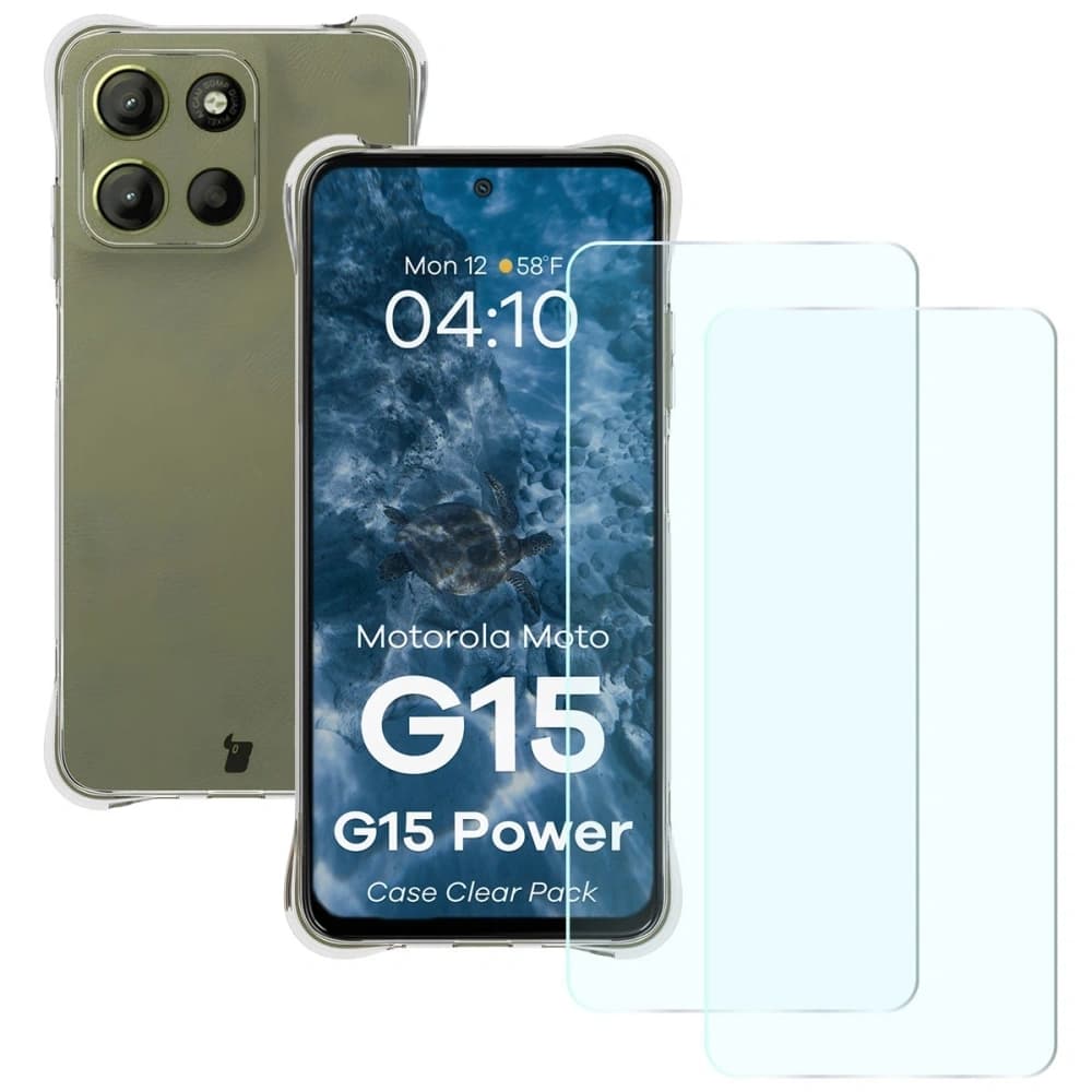Bizon Case Clear Pack pouzdro + 2x tvrzené sklo Motorola Moto G15 / G15 Power