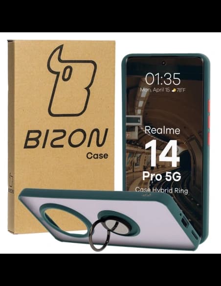 Caz Bizon Hybrid Ring Realme 14 Pro 5G fumuriu cu un cadru verde închis
