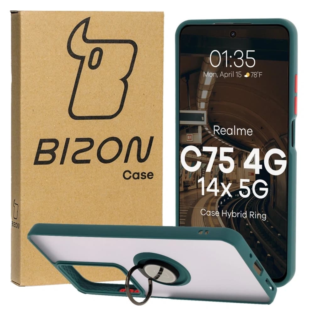 Bizon Case Hybrid Ring Realme C75 4G / 14x 5G fumuriu cu un cadru verde închis - 1