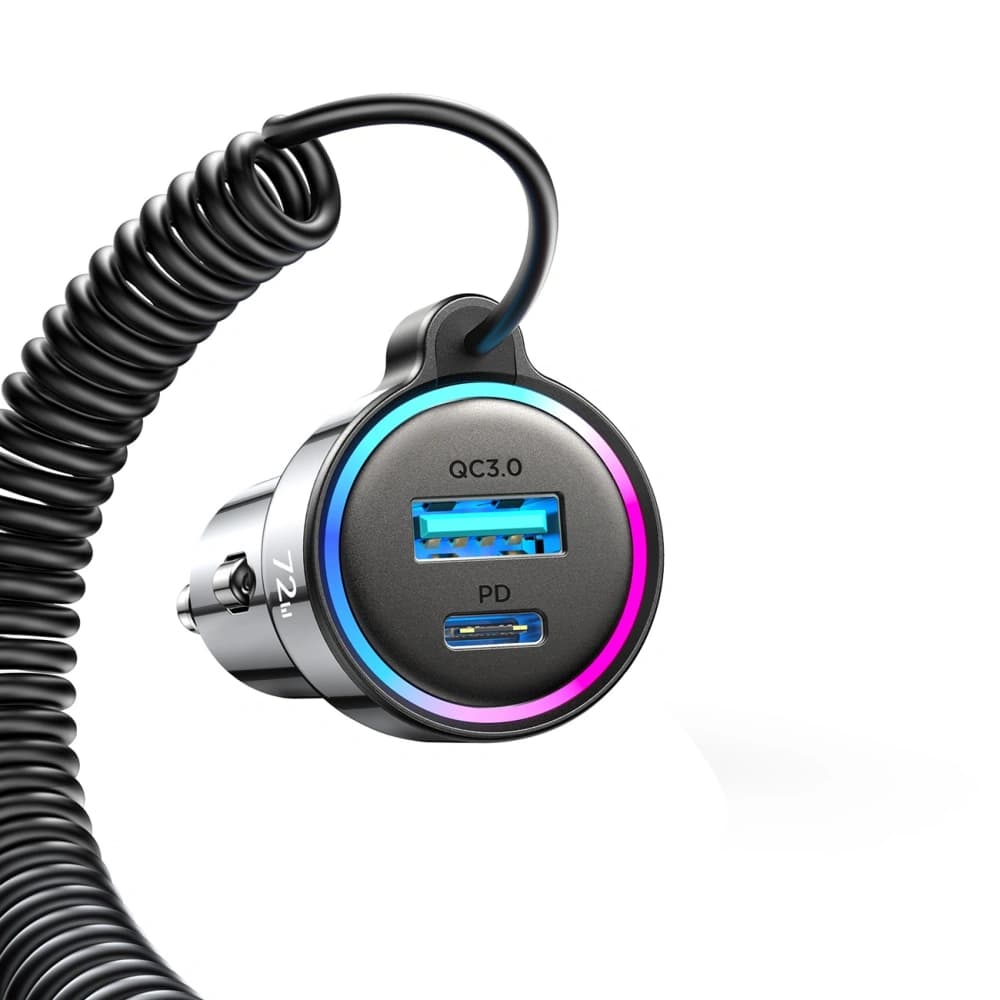 Joyroom JR-CL07 72W 3-in-1 Car Charger with Built-in 1.6m USB-C Cable Black - 6
