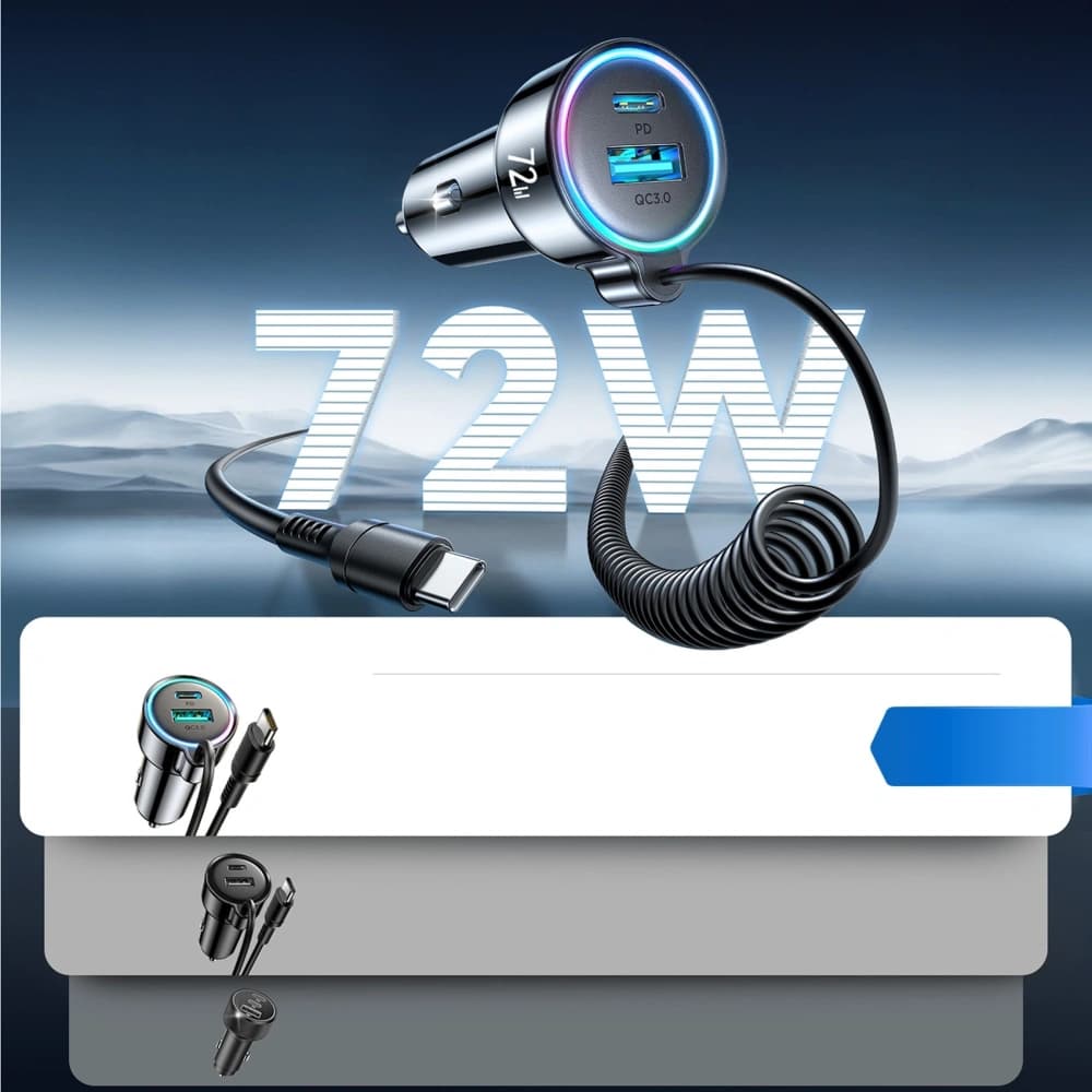 Joyroom JR-CL07 72W 3-in-1 Car Charger with Built-in 1.6m USB-C Cable Black - 7