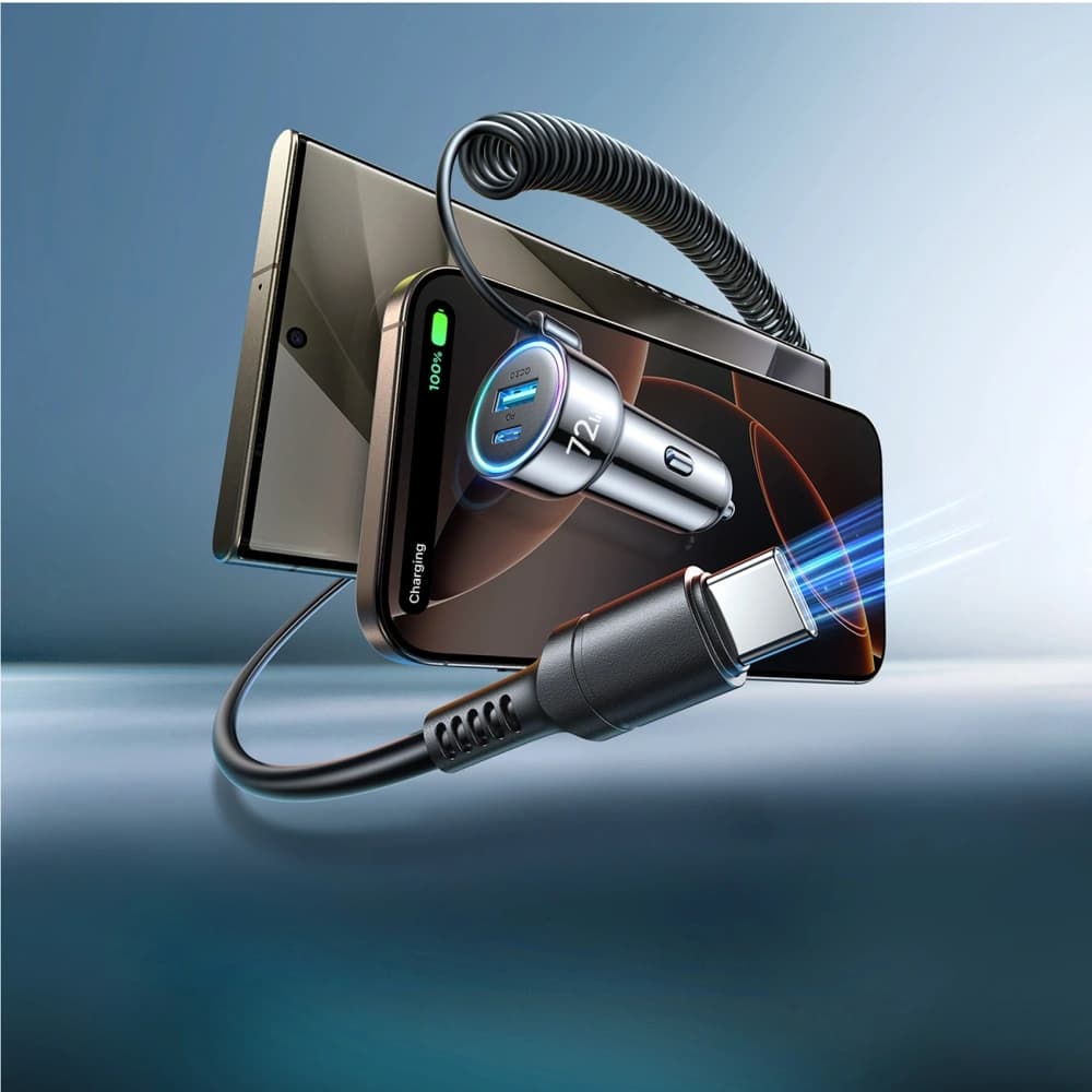 Joyroom JR-CL07 72W 3-in-1 Car Charger with Built-in 1.6m USB-C Cable Black - 9