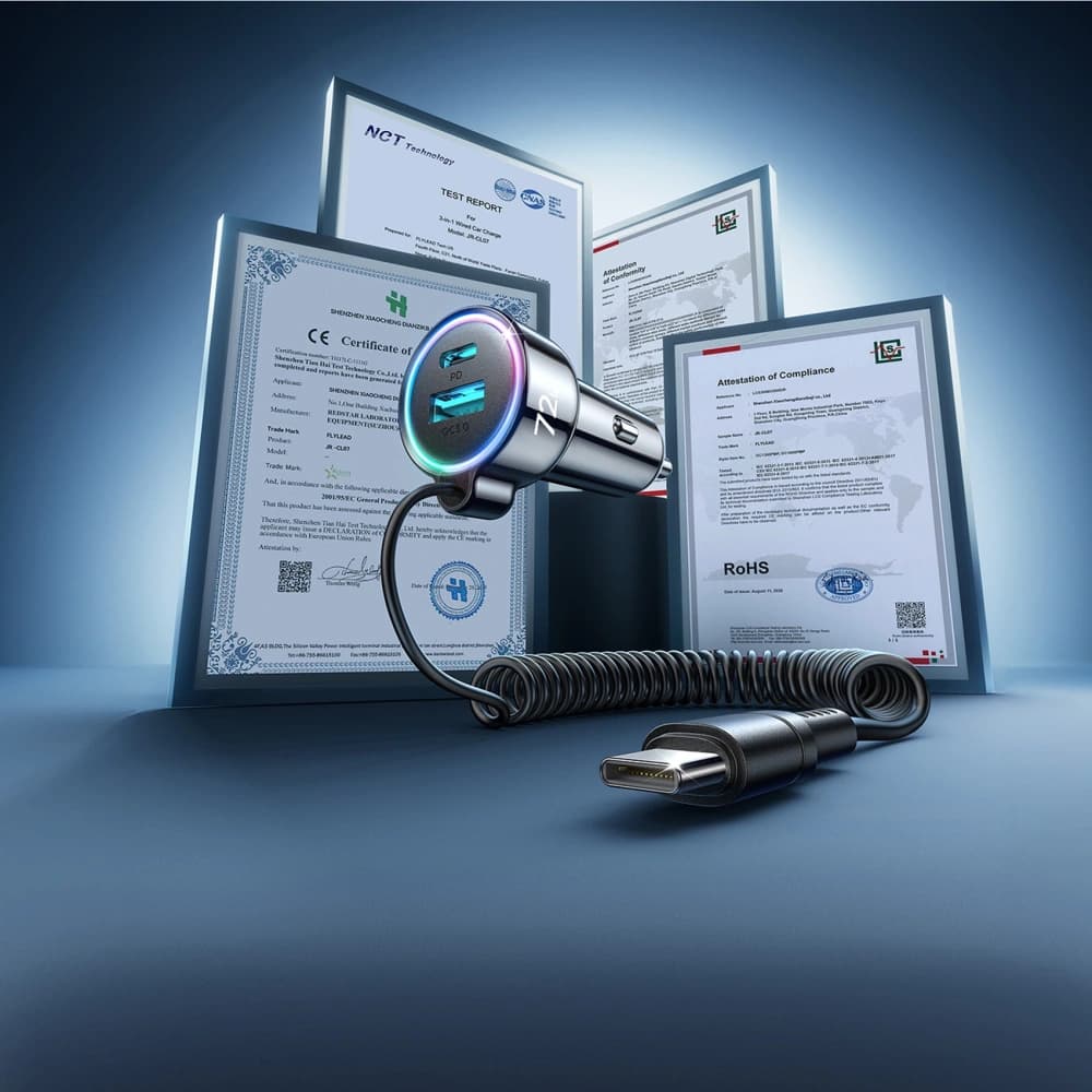 Joyroom JR-CL07 72W 3-in-1 Car Charger with Built-in 1.6m USB-C Cable Black - 11