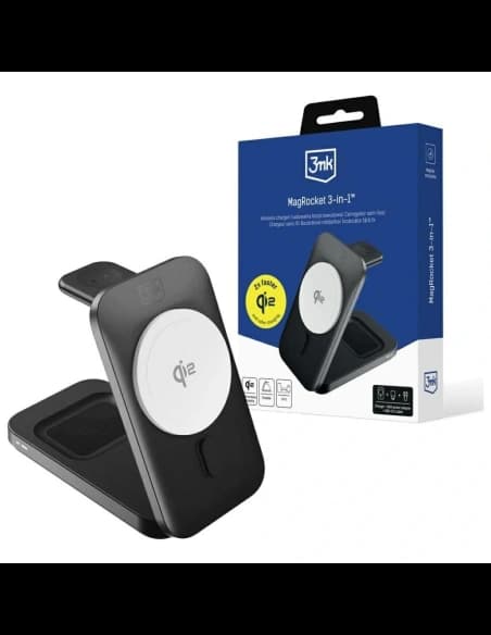 3MK MagRocket 3-in-1 15W Qi2 MPP Schwarz Wireless Charger
