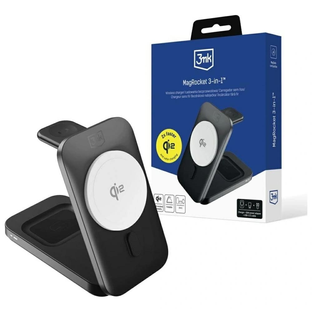 3MK MagRocket 3-in-1 15W Qi2 MPP Schwarz Wireless Charger - 1