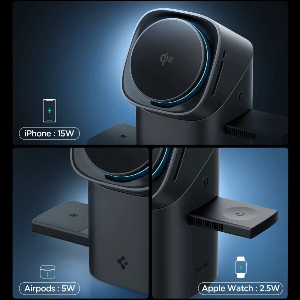 Spigen Essential Ef223ms 3in1 Qi2 Rotary Magnetic Magsafe Wireless Charger Black - 5