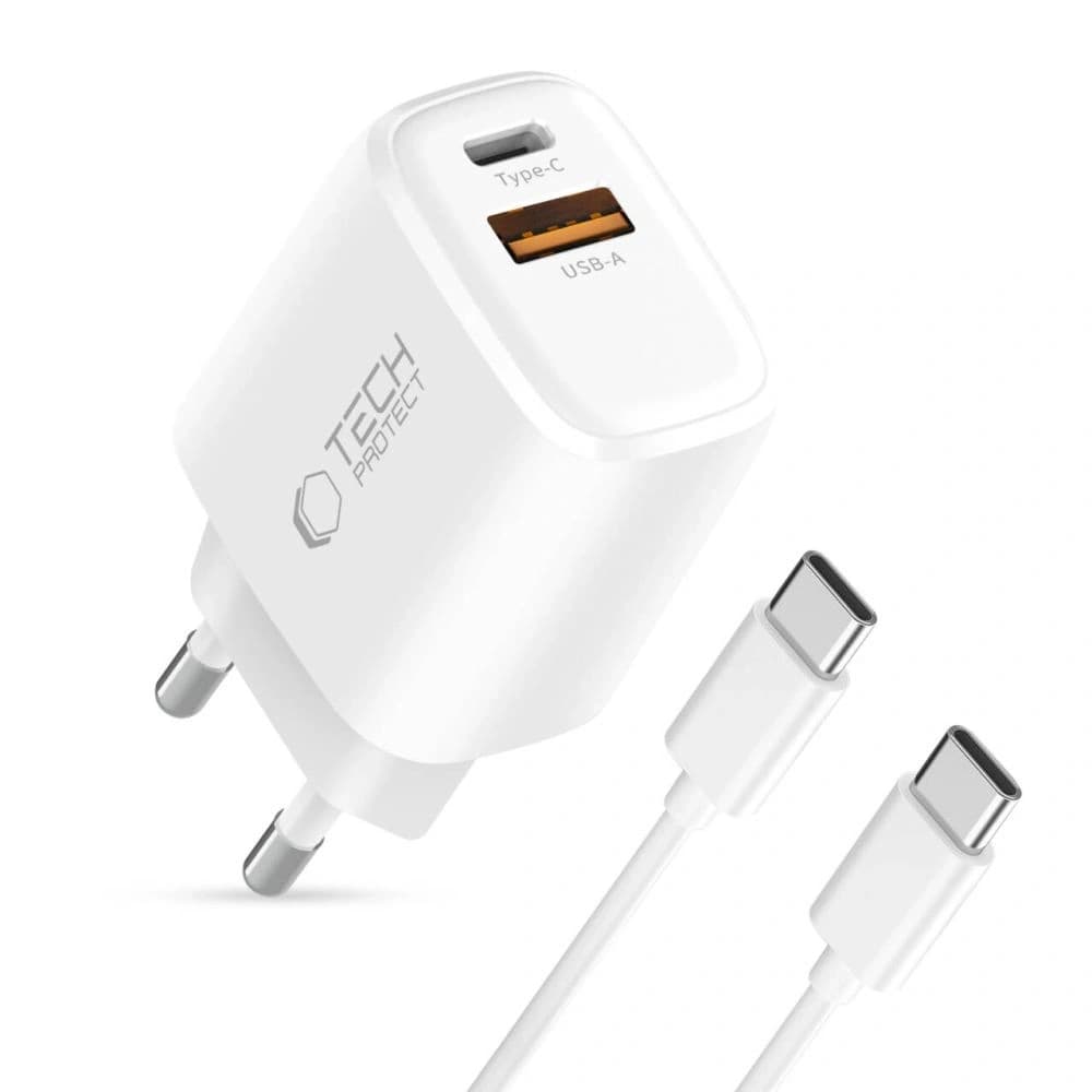 Tech-Protect NCA30 USB-A, USB-C Netzladegerät PD 30W / QC3.0 + USB-C Kabel Weiß - 2