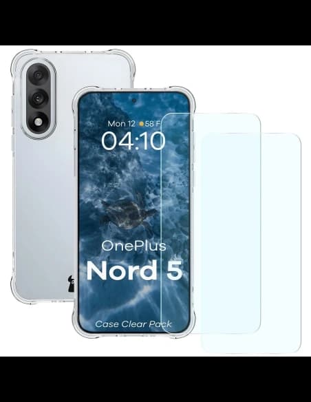 Bizon Case Clear Pack Hülle + 2x gehärtetes Glas OnePlus Nord 5