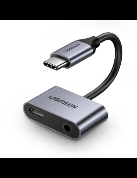 Adaptér UGREEN CM193 50596 audio dvouportový USB-C (mužský) - mini jack 3.5mm / USB-C (ženský) šedý