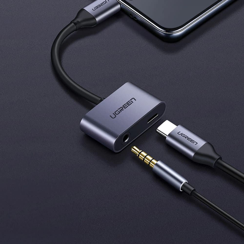 Adaptér UGREEN CM193 50596 audio dvouportový USB-C (mužský) - mini jack 3.5mm / USB-C (ženský) šedý - 2