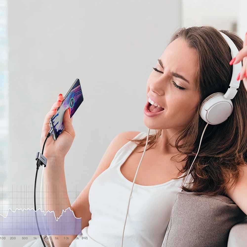 Adaptér UGREEN CM193 50596 audio dvouportový USB-C (mužský) - mini jack 3.5mm / USB-C (ženský) šedý - 3