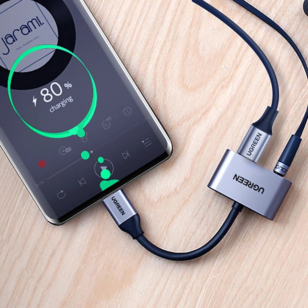 Adaptér UGREEN CM193 50596 audio dvouportový USB-C (mužský) - mini jack 3.5mm / USB-C (ženský) šedý - 6