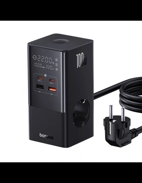 Nabíjecí stanice Baseus PowerCombo Tower 100W 2xAC, 2xUSB-A + 2x USB-C 1,5m černá
