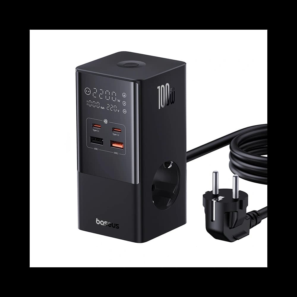 Nabíjecí stanice Baseus PowerCombo Tower 100W 2xAC, 2xUSB-A + 2x USB-C 1,5m černá - 1