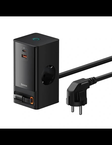 Nabíjecí stanice Baseus PowerCombo 65W 1,5m 2xAC, USB-A, USB-C + kabel USB-C černá