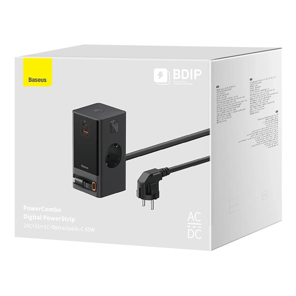 Nabíjecí stanice Baseus PowerCombo 65W 1,5m 2xAC, USB-A, USB-C + kabel USB-C černá - 4