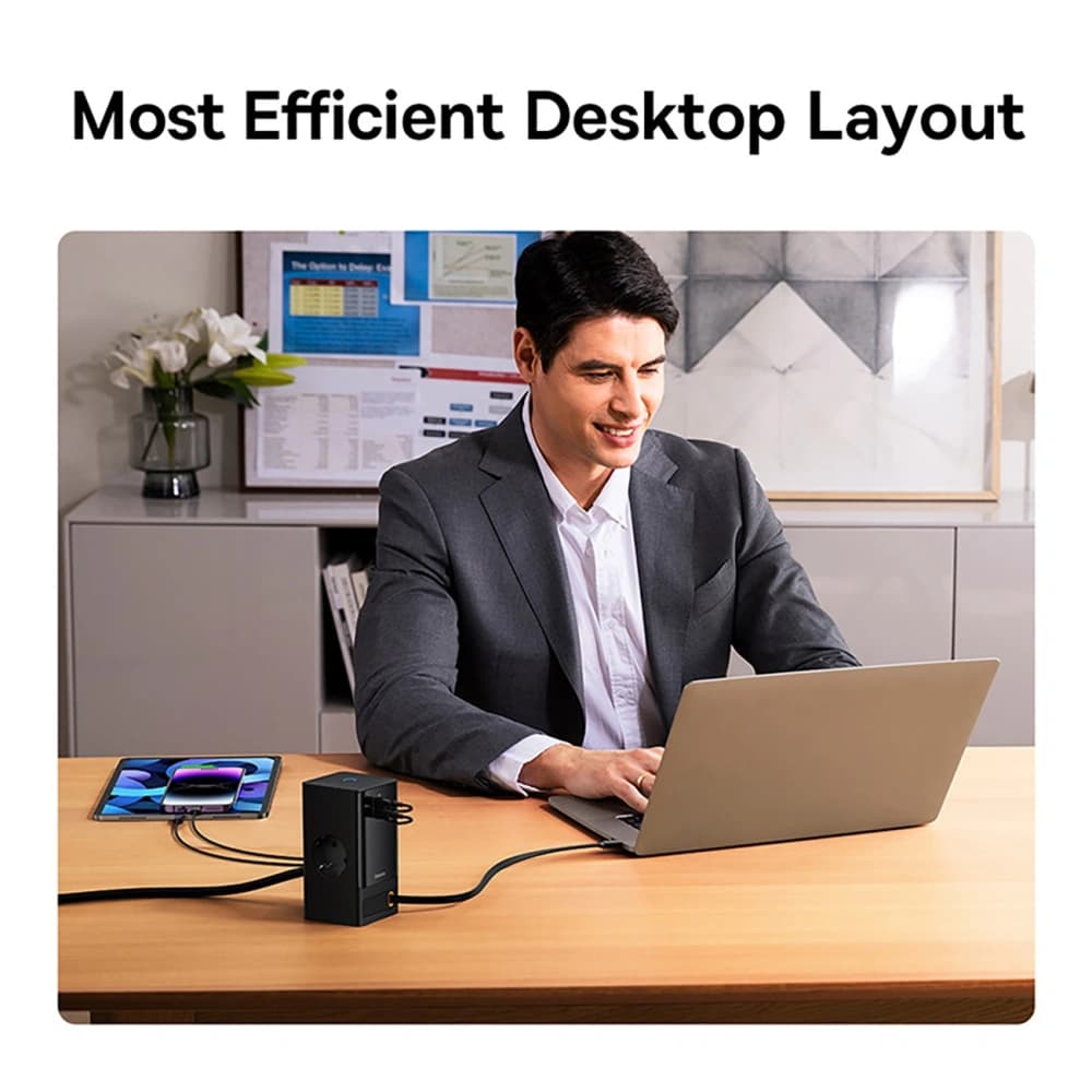 Nabíjecí stanice Baseus PowerCombo 65W 1,5m 2xAC, USB-A, USB-C + kabel USB-C černá - 8