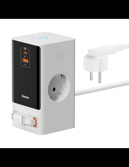 Nabíjecí stanice Baseus PowerCombo 65W 1,5m 2xAC, USB-A, USB-C + kabel USB-C bílá