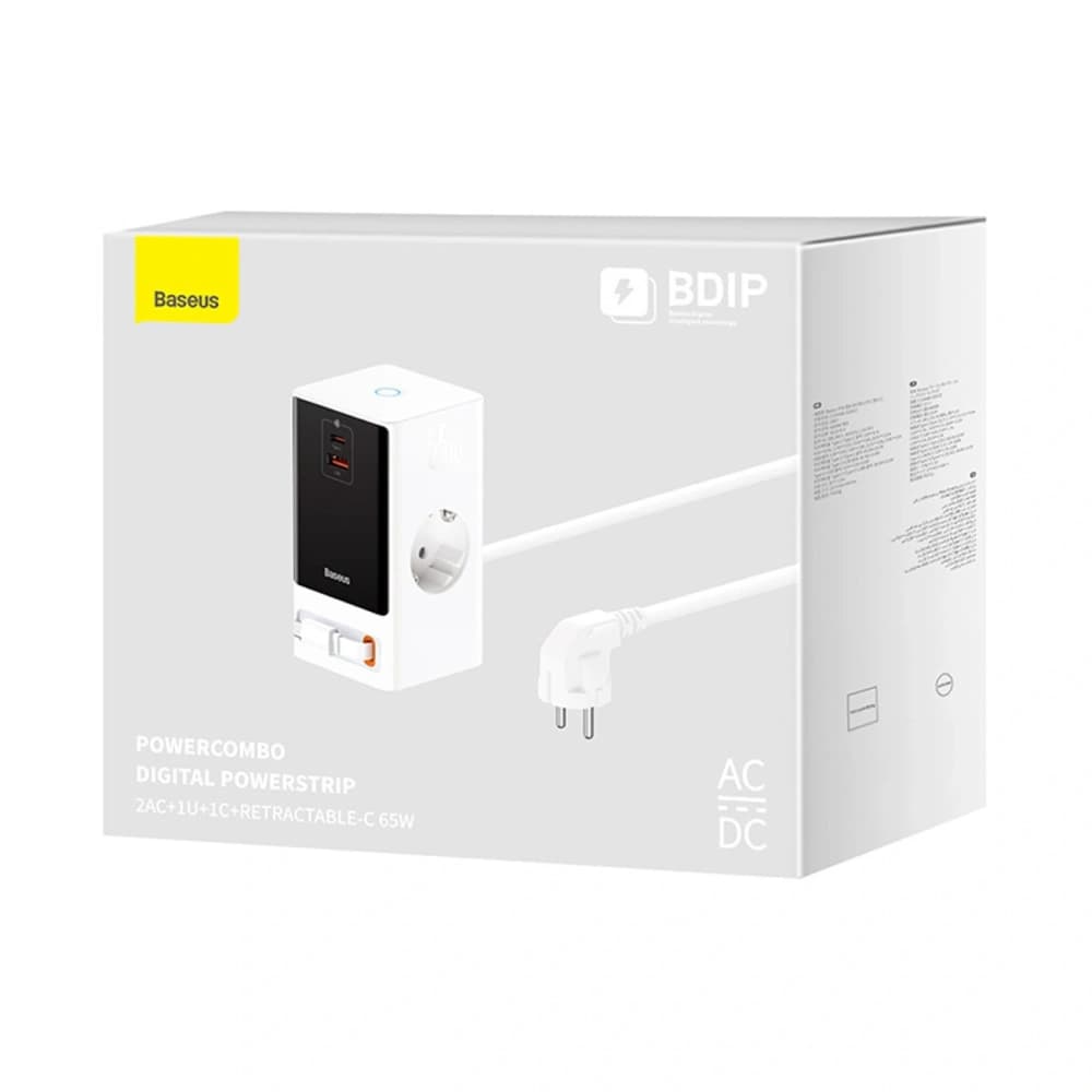Nabíjecí stanice Baseus PowerCombo 65W 1,5m 2xAC, USB-A, USB-C + kabel USB-C bílá - 6