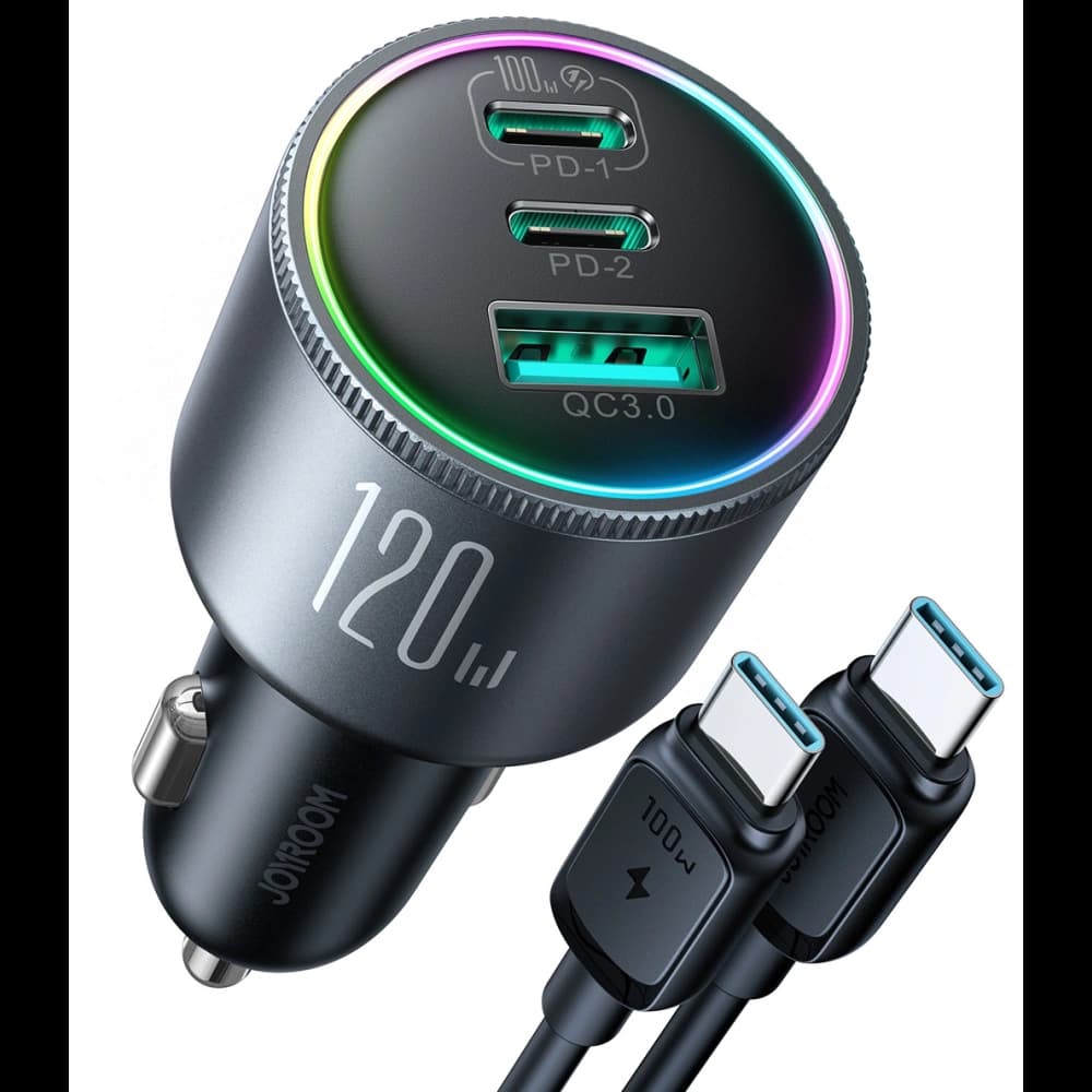 Joyroom JR-CCN07 120W Auto-Ladegerät 2xUSB-C, USB-A + 100W USB-C Kabel dunkelgrau - 1