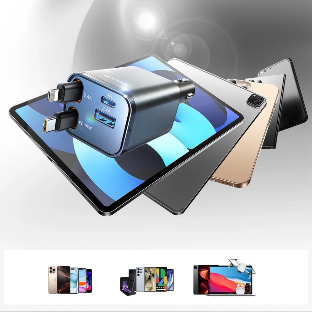 Încărcător auto Joyroom JR-CCL05 30W 4 în 1 cu cabluri integrate USB-C, Lightning, gri închis - 4