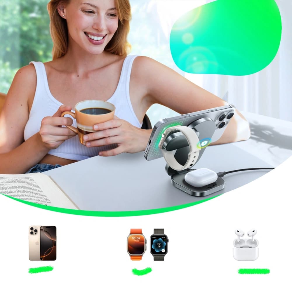 Joyroom JR-W17 Qi 3-in-1 Wireless Charger for Phone / Smartwatch / Headphones Black - 4