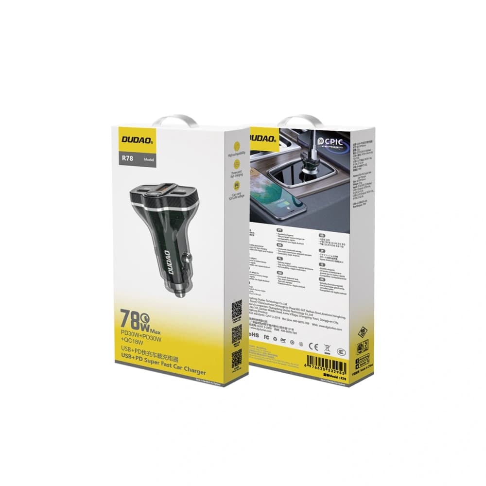 Dudao R78 78W USB-C PD autós töltő, 2xUSB-A QC fekete - 2