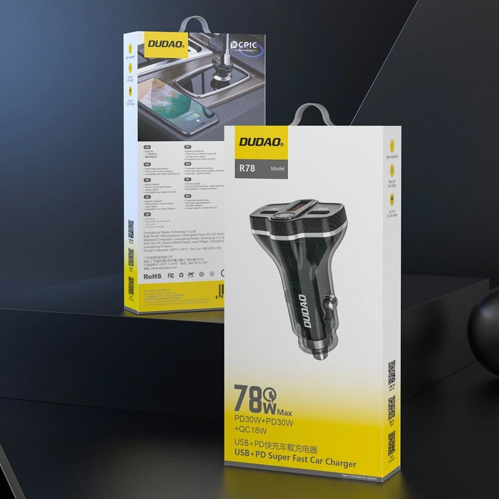 Dudao R78 78W USB-C PD autós töltő, 2xUSB-A QC fekete - 3