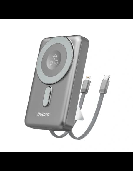 Powerbank wireless Dudao K29 10000mAh PD 20W MagSafe cu carcasă metalică, suport și cabluri integrate USB-C, Lightning gri