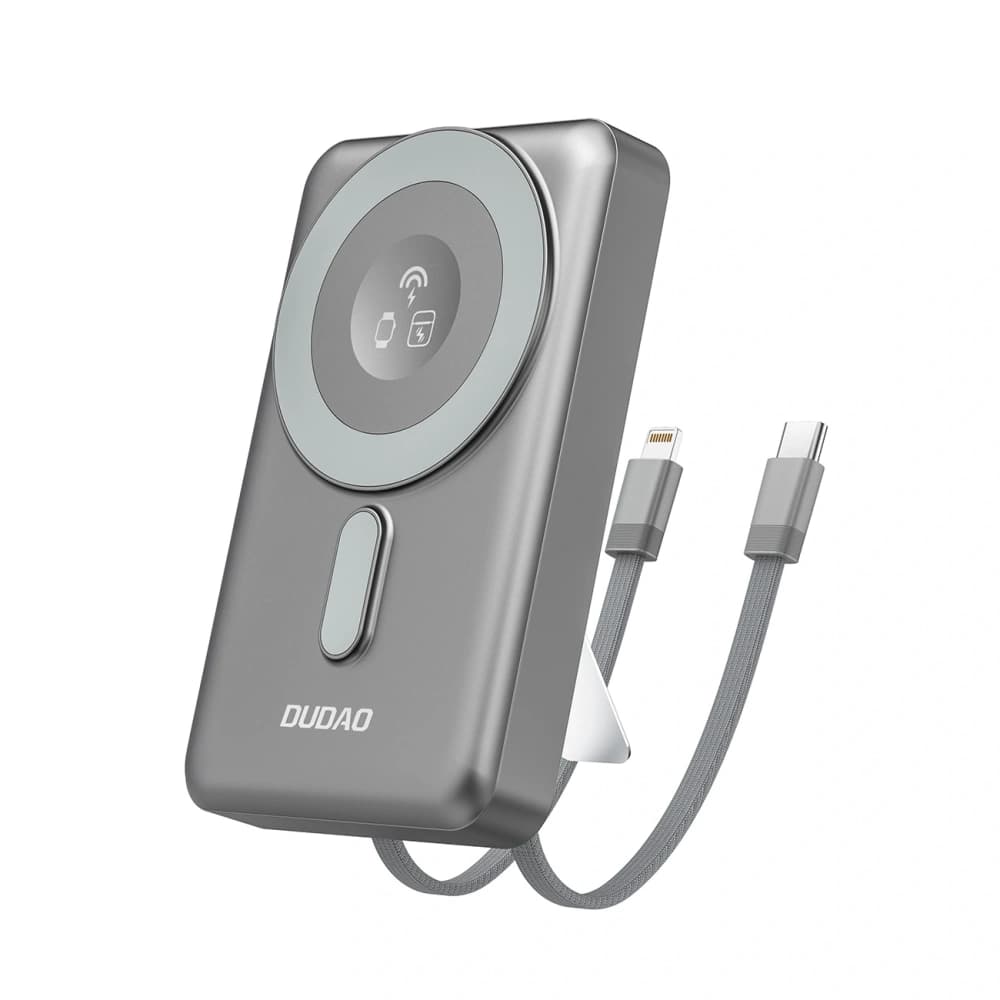 Powerbank wireless Dudao K29 10000mAh PD 20W MagSafe cu carcasă metalică, suport și cabluri integrate USB-C, Lightning gri