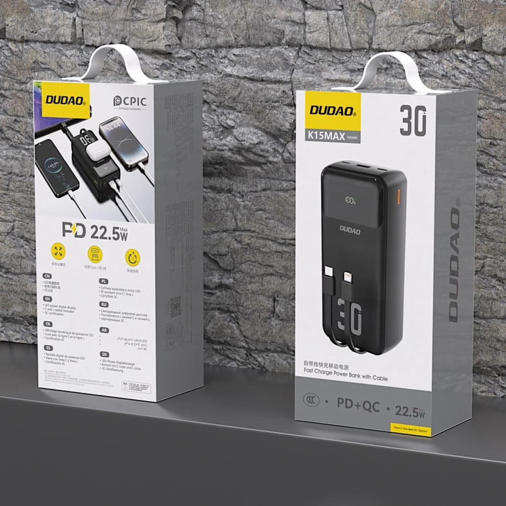Powerbank Dudao K15MAX 30000mAh PD 22.5W cu cabluri integrate USB-C, Lightning negru - 2