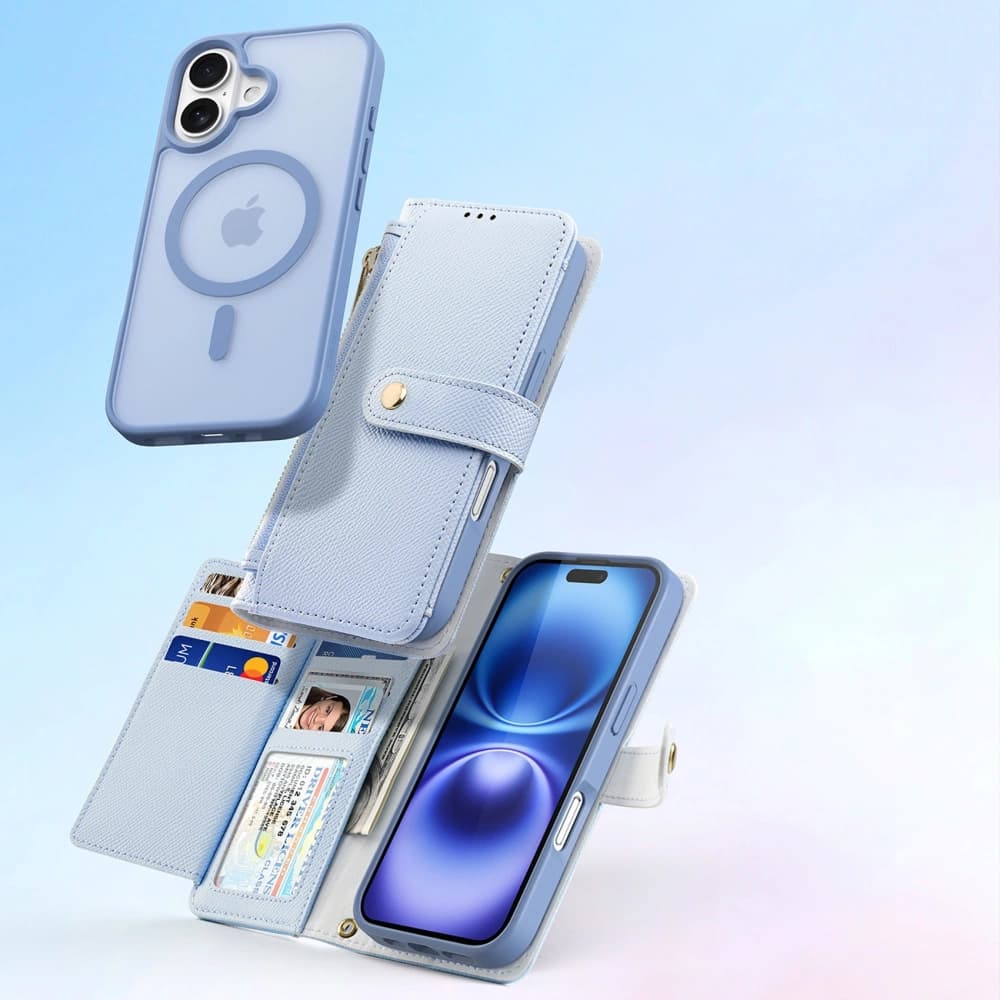 Dux Ducis Lawa Klappetui für Apple iPhone 16 mit abnehmbarem magnetischem Geldbeutel in Blau - 4