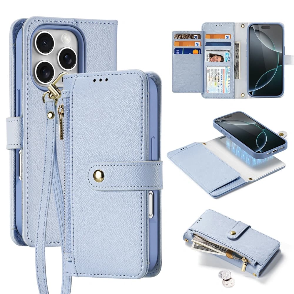 Dux Ducis Lawa Flip Case for Apple iPhone 16 Pro Max with detachable magnetic wallet in blue