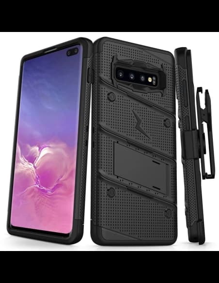 Zizo Samsung Panzerhülle Bolt Cover Galaxy S10+ Plus und Ständer & Gürtelhalterung (Schwarz/Schwarz)