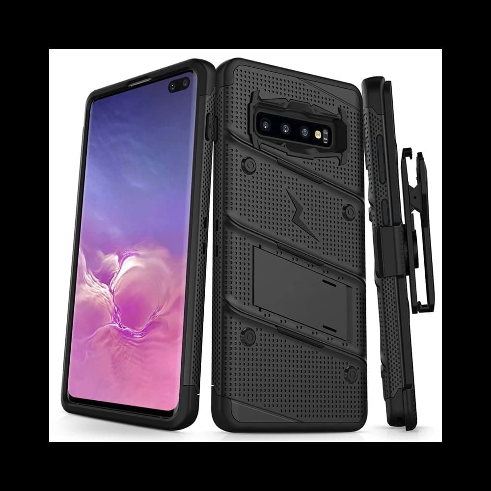 Zizo Samsung Panzerhülle Bolt Cover Galaxy S10+ Plus und Ständer & Gürtelhalterung (Schwarz/Schwarz)