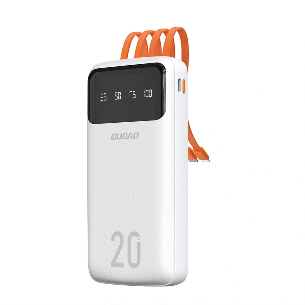 DUDAO K6 Pro+ Power Bank de 20000mAh cu 3 cabluri integrate USB-C, micro USB, Lightning alb - 1