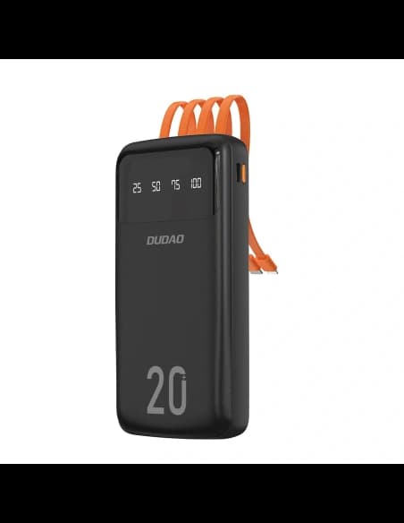 DUDAO K6 Pro+ Power Bank de 20000mAh cu 3 cabluri integrate USB-C, micro USB, Lightning negru