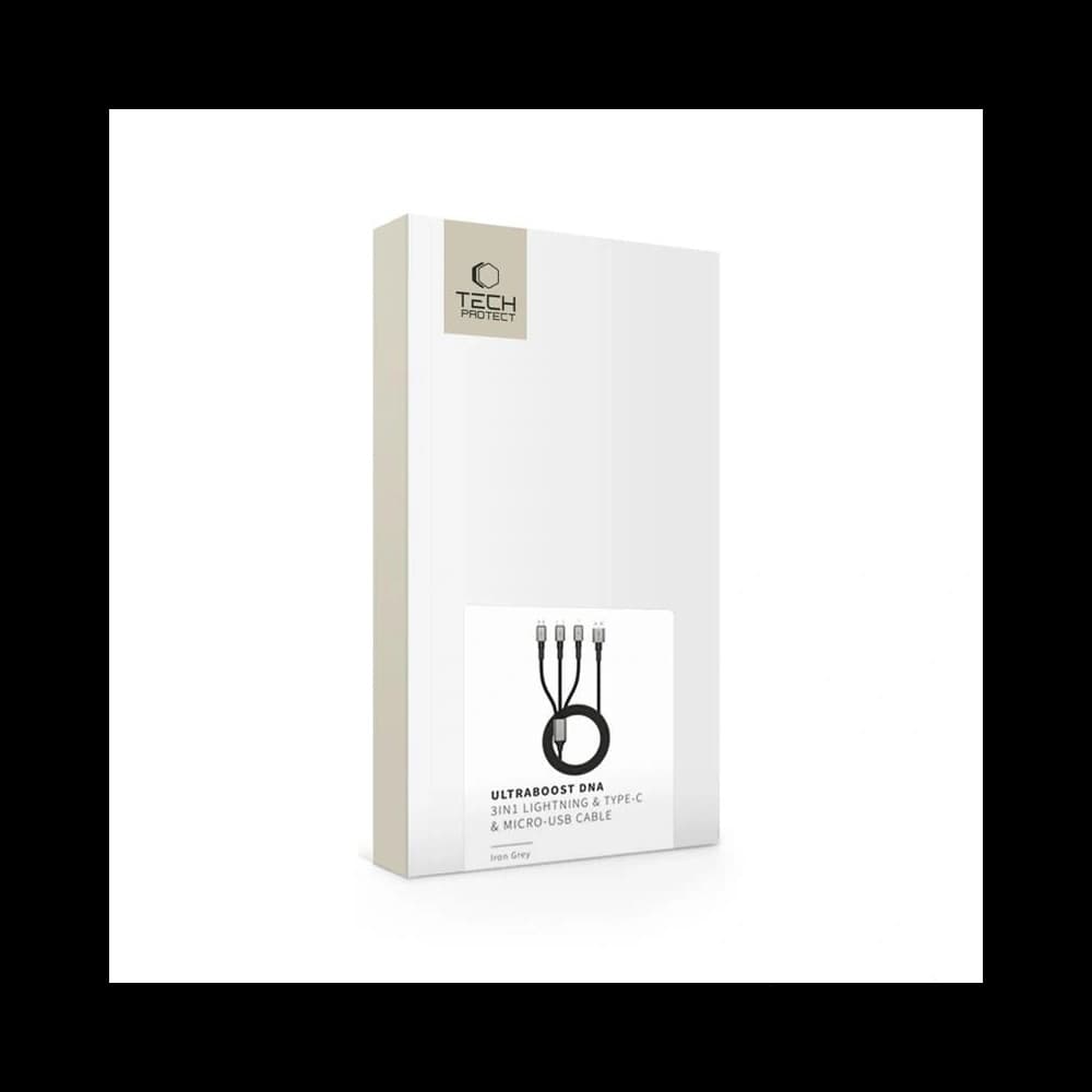 Tech-Protect Ultraboost Dna 3in1 USB-A / Lightning, USB-C, Micro USB Kábel 3a 120cm Vas Szürke - 6