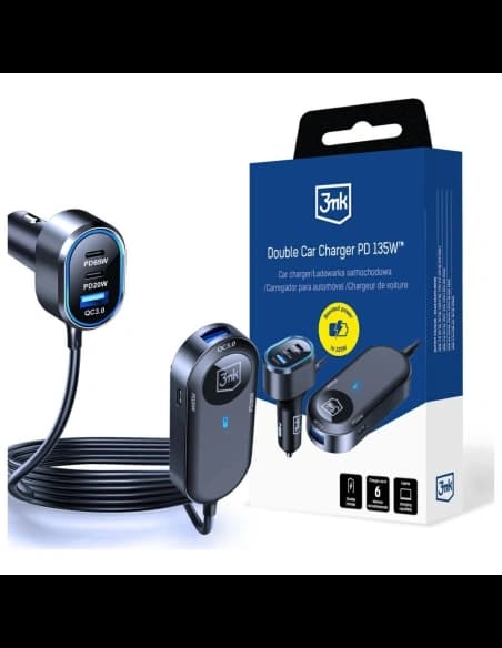 3MK Dupla Autós Töltő 135W PD QC PPS 2xUSB-A 4xUSB-C szürke