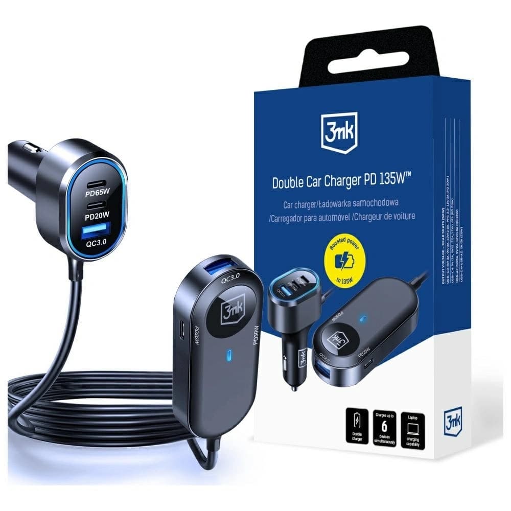 3MK Dupla Autós Töltő 135W PD QC PPS 2xUSB-A 4xUSB-C szürke - 1