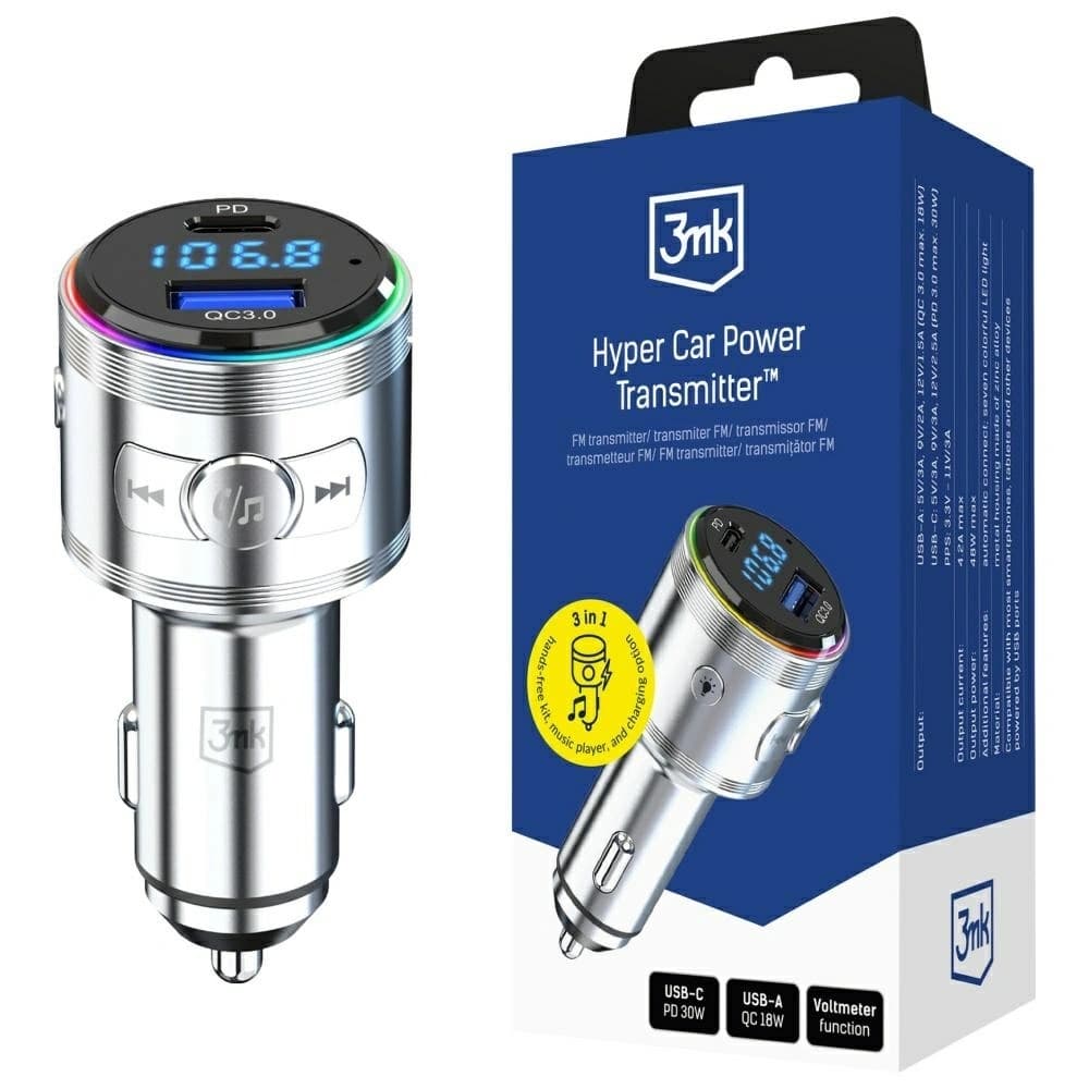 3MK Hyper Car Power Transmitter 48W QC PD PPS USB-C / USB-A audio adóval ezüst színben - 1