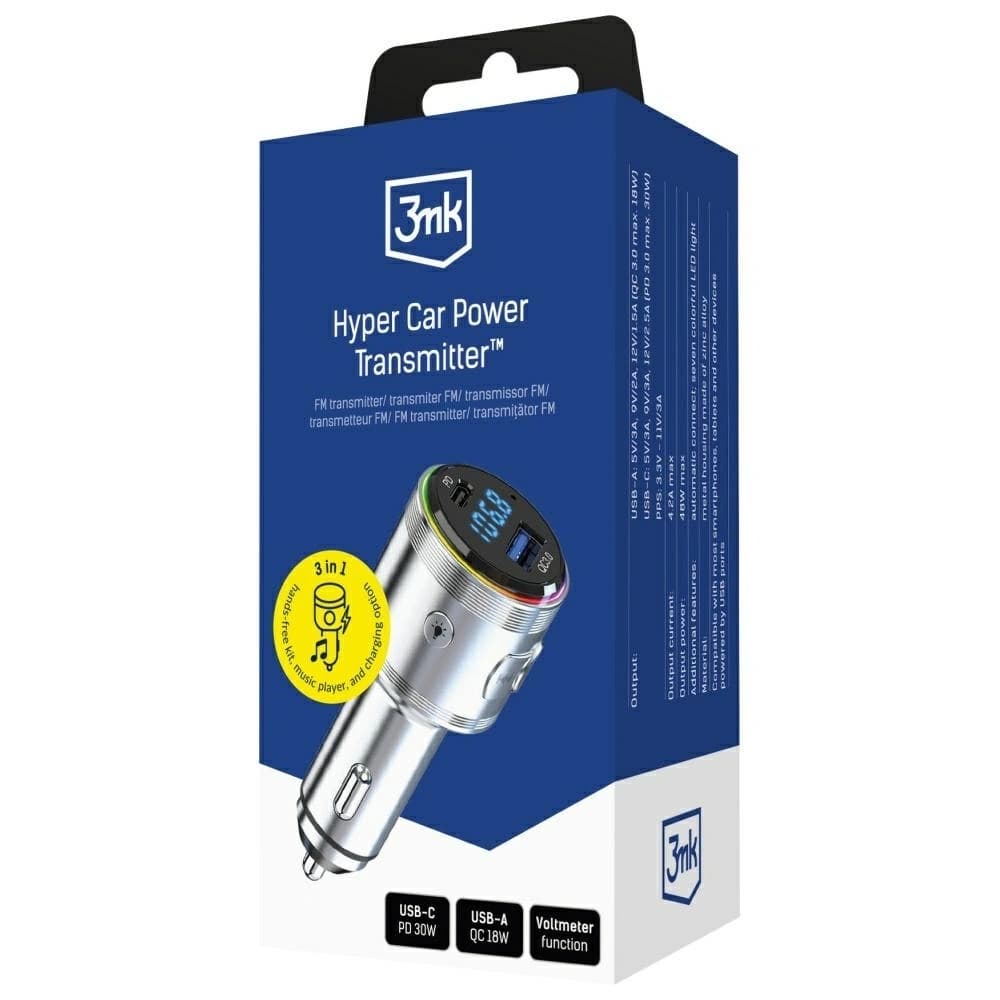3MK Hyper Car Power Transmitter 48W QC PD PPS USB-C / USB-A audio adóval ezüst színben - 8