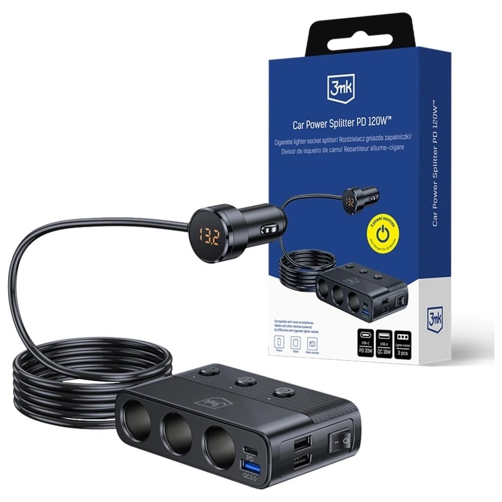 3MK Împărțitor de putere auto 120W PD QC PPS 3xUSB-A, USB-C, 3xDC negru - 1