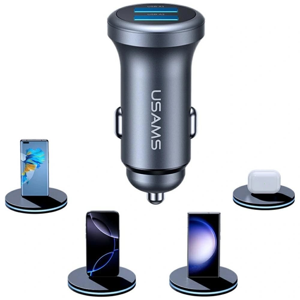 USAMS CC320 Alumínium Autós Töltő 2.4A 2xUSB-A korrózióálló - 2