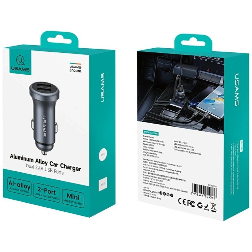 USAMS CC320 Alumínium Autós Töltő 2.4A 2xUSB-A korrózióálló - 5